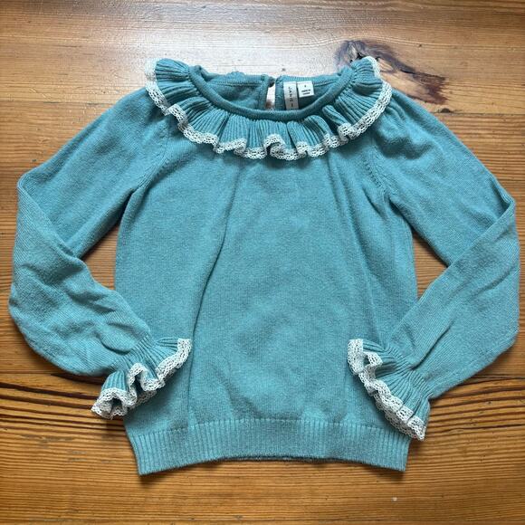 Janie and Jack teal blue knit ruffle collar long sleeve sweater SIZE 6 - Picture 1 of 5